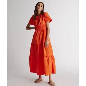 Quince Tiered Maxi Dress Medium Orange Organic Cotton Pockets Poplin Resortwear